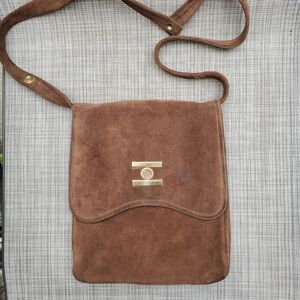 Vintage 70s Brown Suede Crossbody Bag Purse, Gold Accent Adjustable Strap Boho